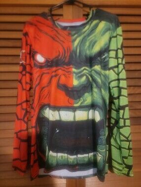 Men's Graphic HULK Split-Face Monster Long Sleeve Tee - Red & Green